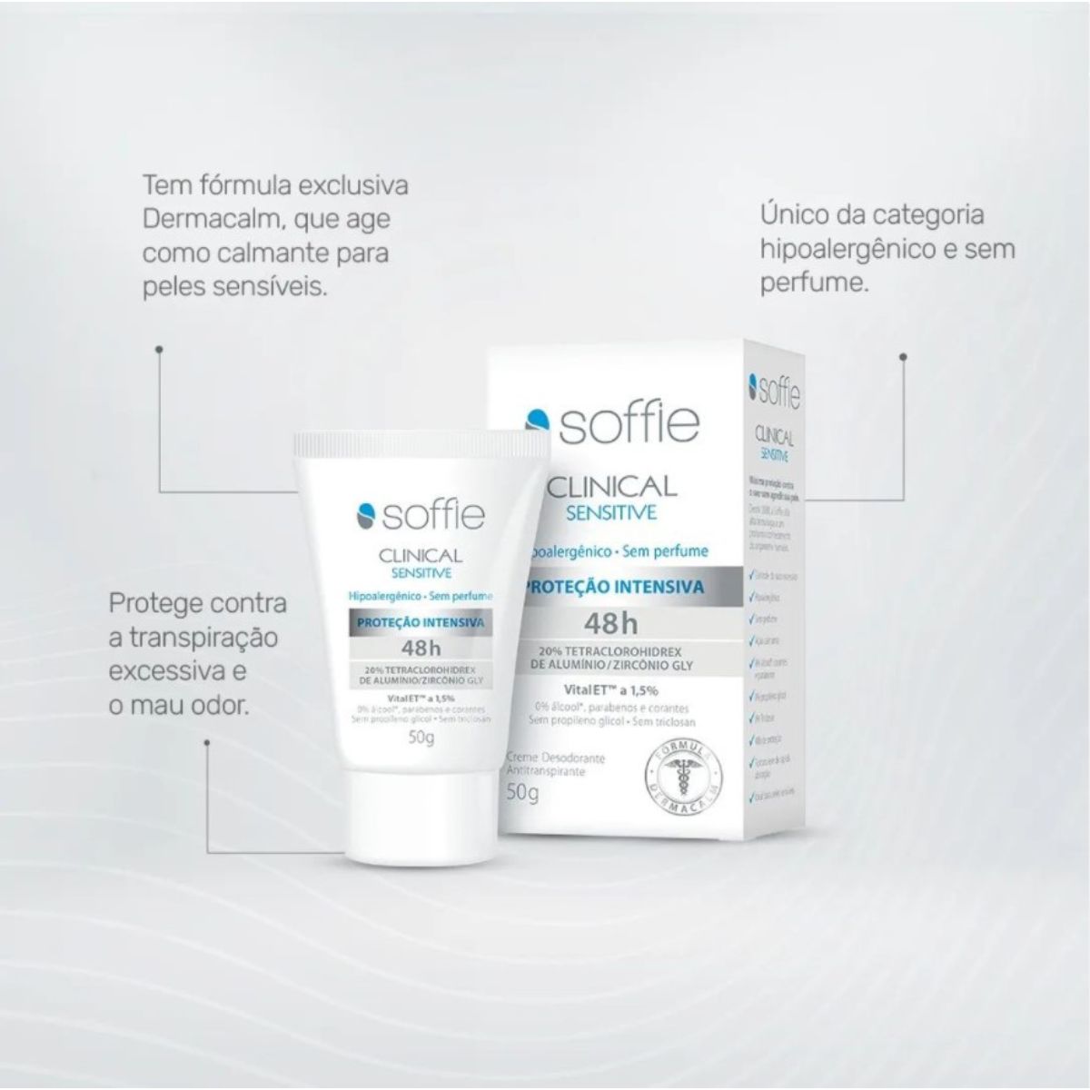 Diferenciais do Soffie Clinical Sensitive: fórmula Dermacalm calmante, único hipoalergênico e sem perfume da categoria, proteção contra transpiração excessiva e mau odor