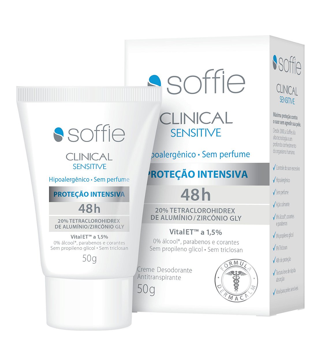 Desodorante Antitranspirante Soffie Clinical Sensitive 48h, creme 50g, com a embalagem ao lado